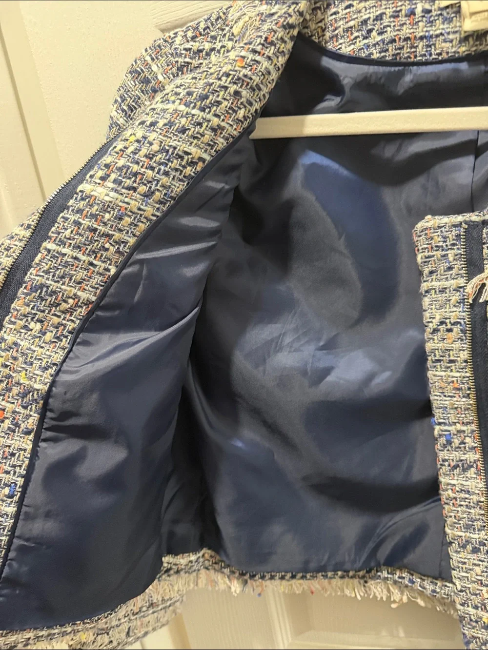 J. Crew Navy and Cream Tweed Fringe Jacket